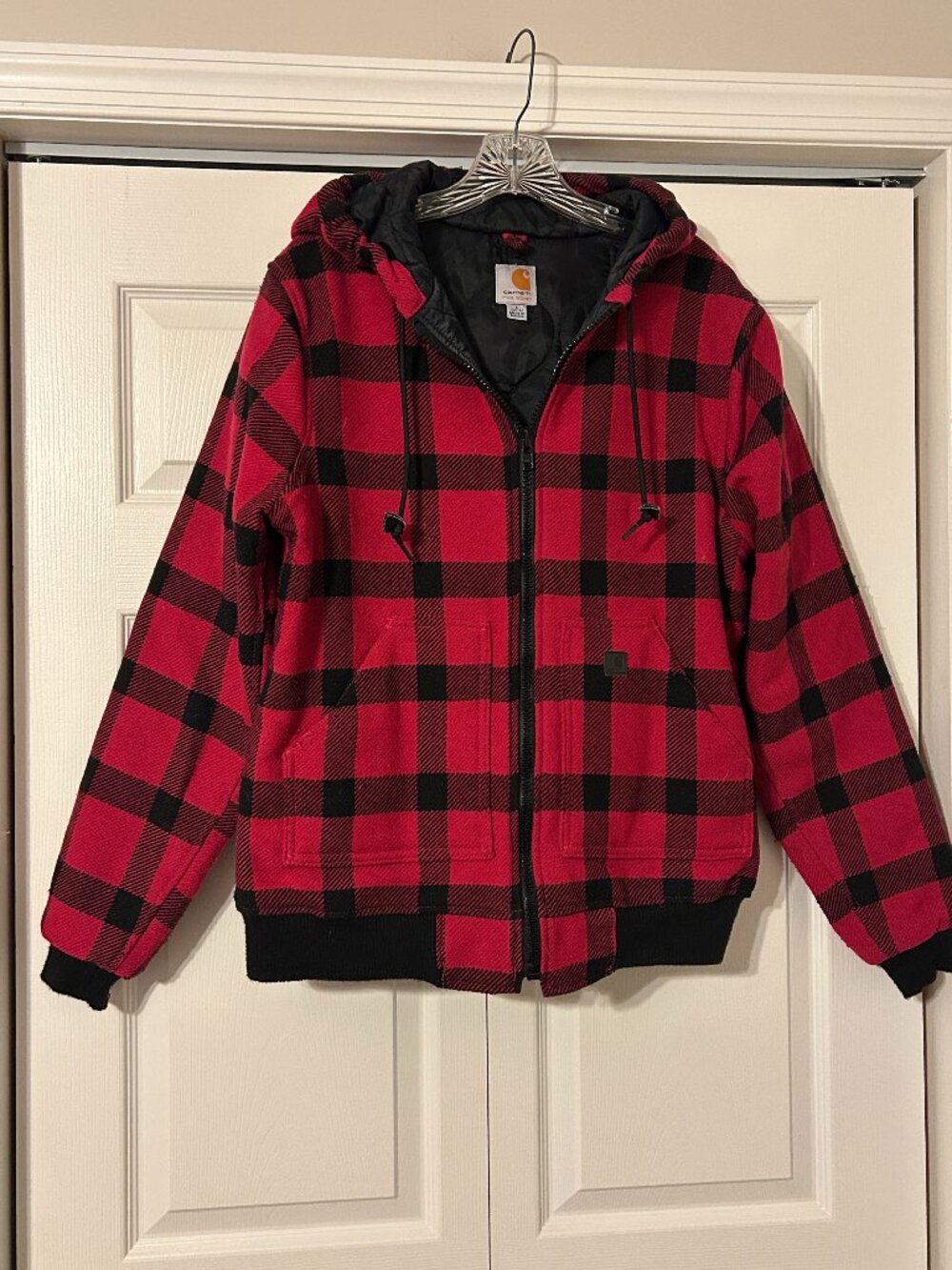 Womens CARHARTT Sz L Red and Black Buffalo Plaid Hooded Quilt Lined Wool Jacket